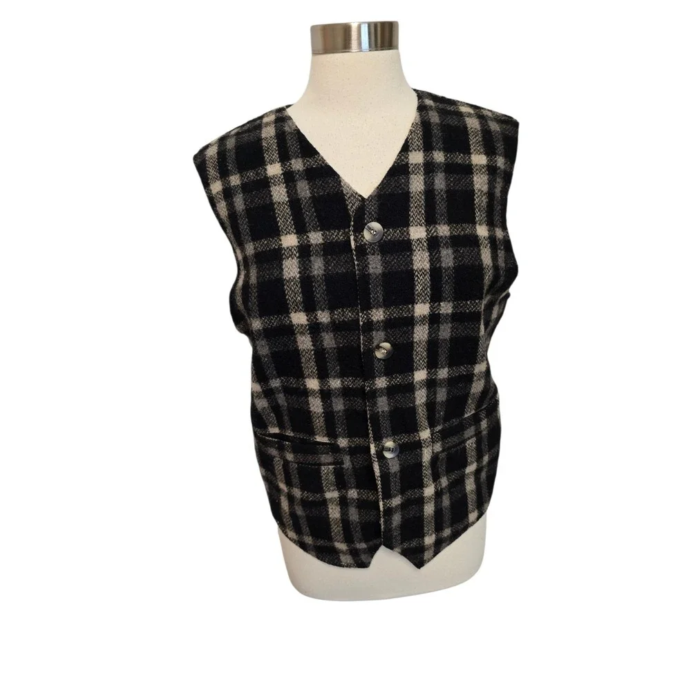 Womens Wool Vest Black White Plaid‎ Size Small 90s Vintage